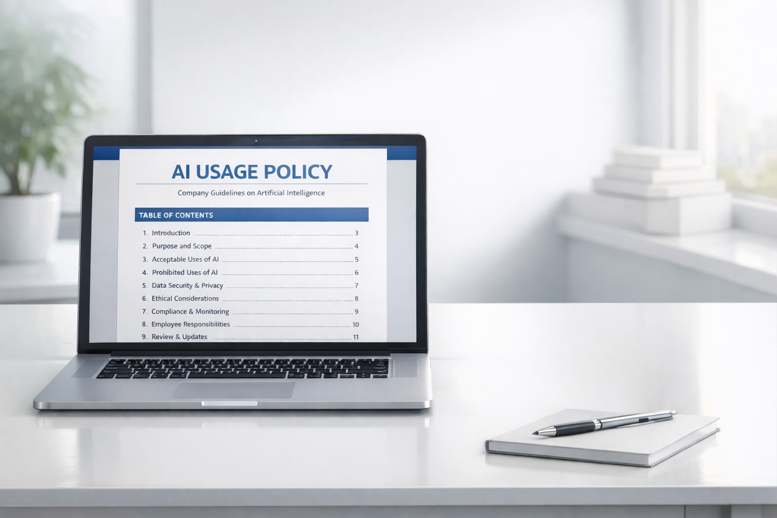 A laptop showing an AI usage policy table of contents